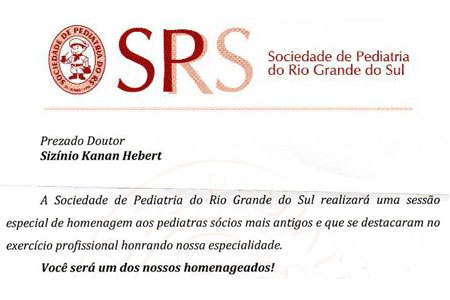 Sizinio Hebert receberá homenagem da Sociedade de Pediatria do Rio Grande do Sul